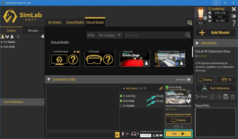 Pokud se účastníci připojili ke spolupráci, proběhne načtení 3D modelu a po načtení by mělo u být u jejich účtů zobrazeno [Ready] Připraveno. Nyní je vše připraveno pro spolupráci VR Collaboration. Spusťte otevření 3D modelu tlačítkem Start.