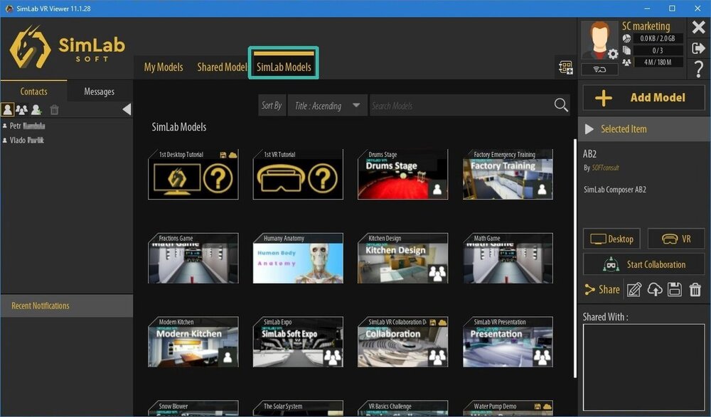 Abyste si mohli vyzkoušet různé možnosti VR Collaboration, je připraveno několik vzorových souborů 3D modelů. Tyto soubory naleznete na záložce SimLab Models.